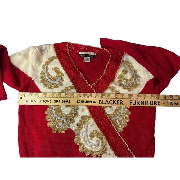 Vintage Large Dana Scott 80s Red White Gold Beaded Sweater Christmas Shiny - Picture 2 of 9